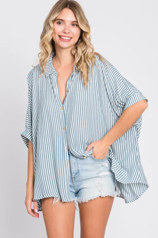 Teal Striped Button Up Dolman Top sold by Pinkblush