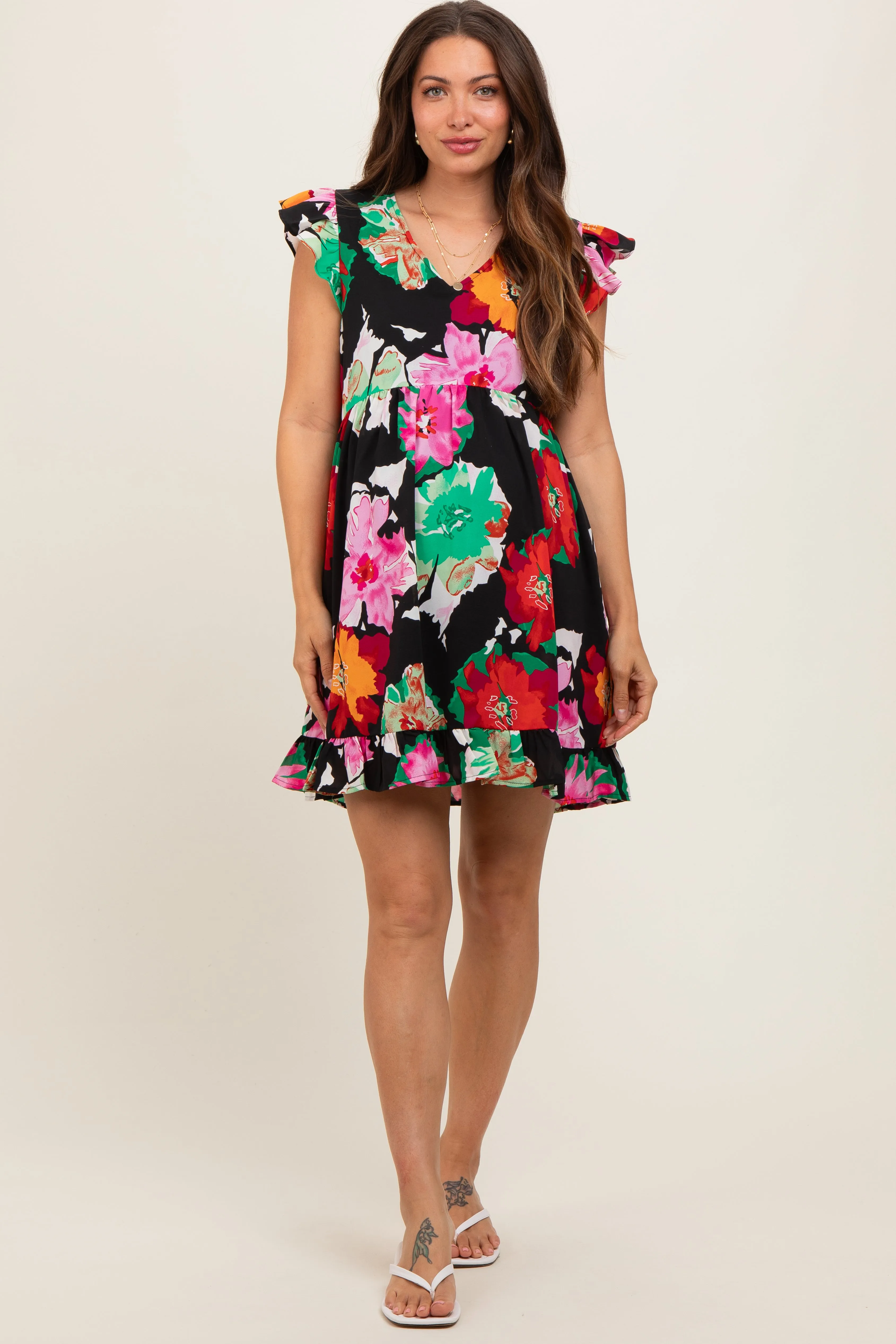 Black Floral Ruffle Shoulder Maternity Dress sold by Pinkblush product image thumbnail 2