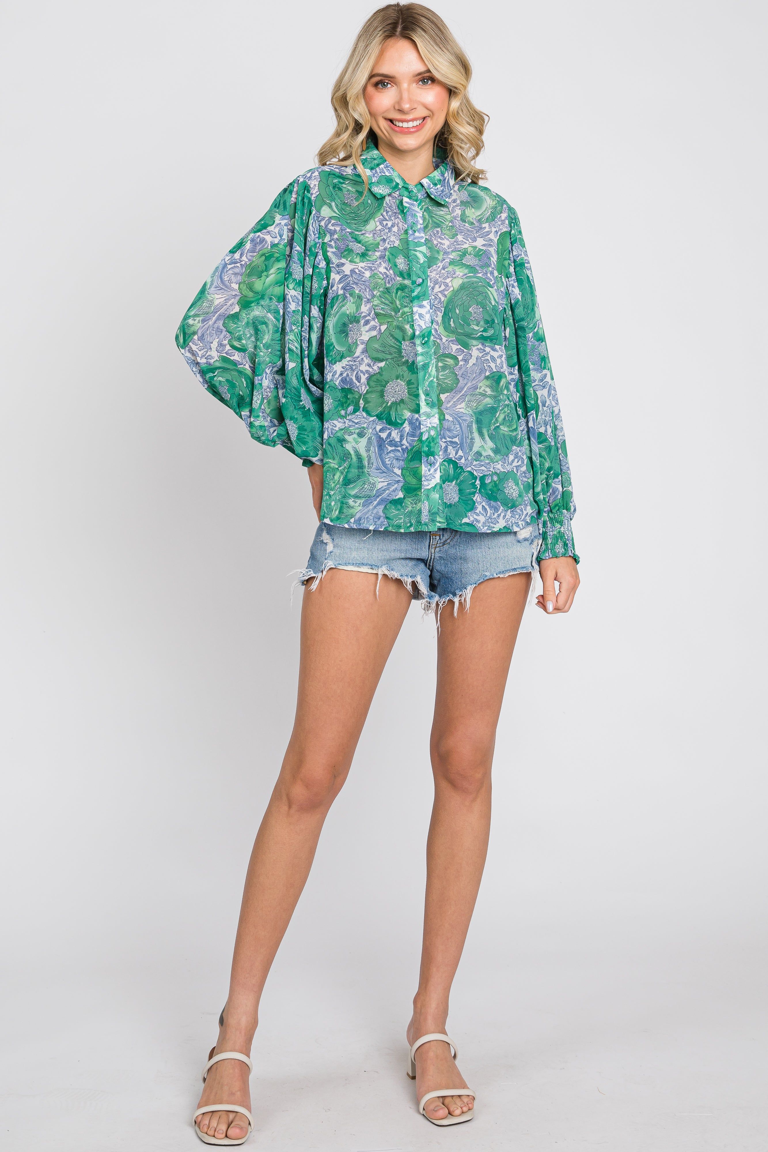 Green Floral Button Up Blouse sold by Pinkblush product image thumbnail 5