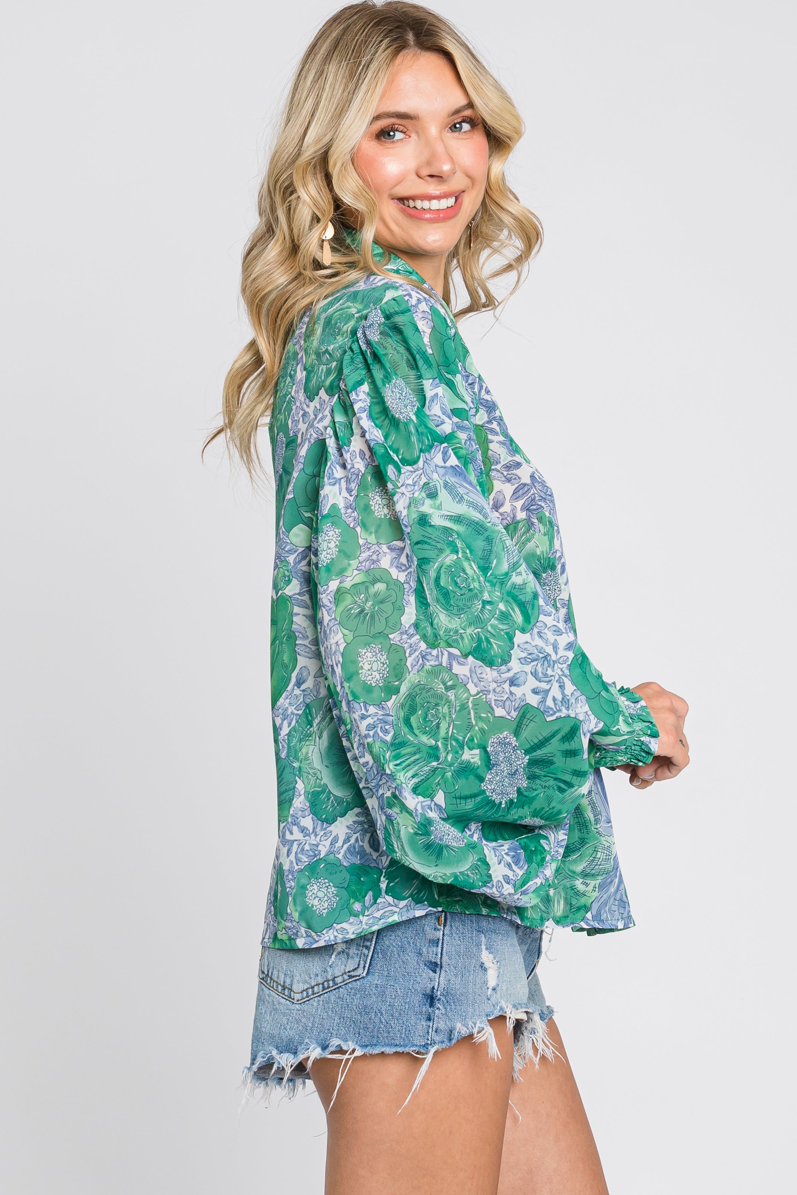Green Floral Button Up Blouse sold by Pinkblush product image thumbnail 2