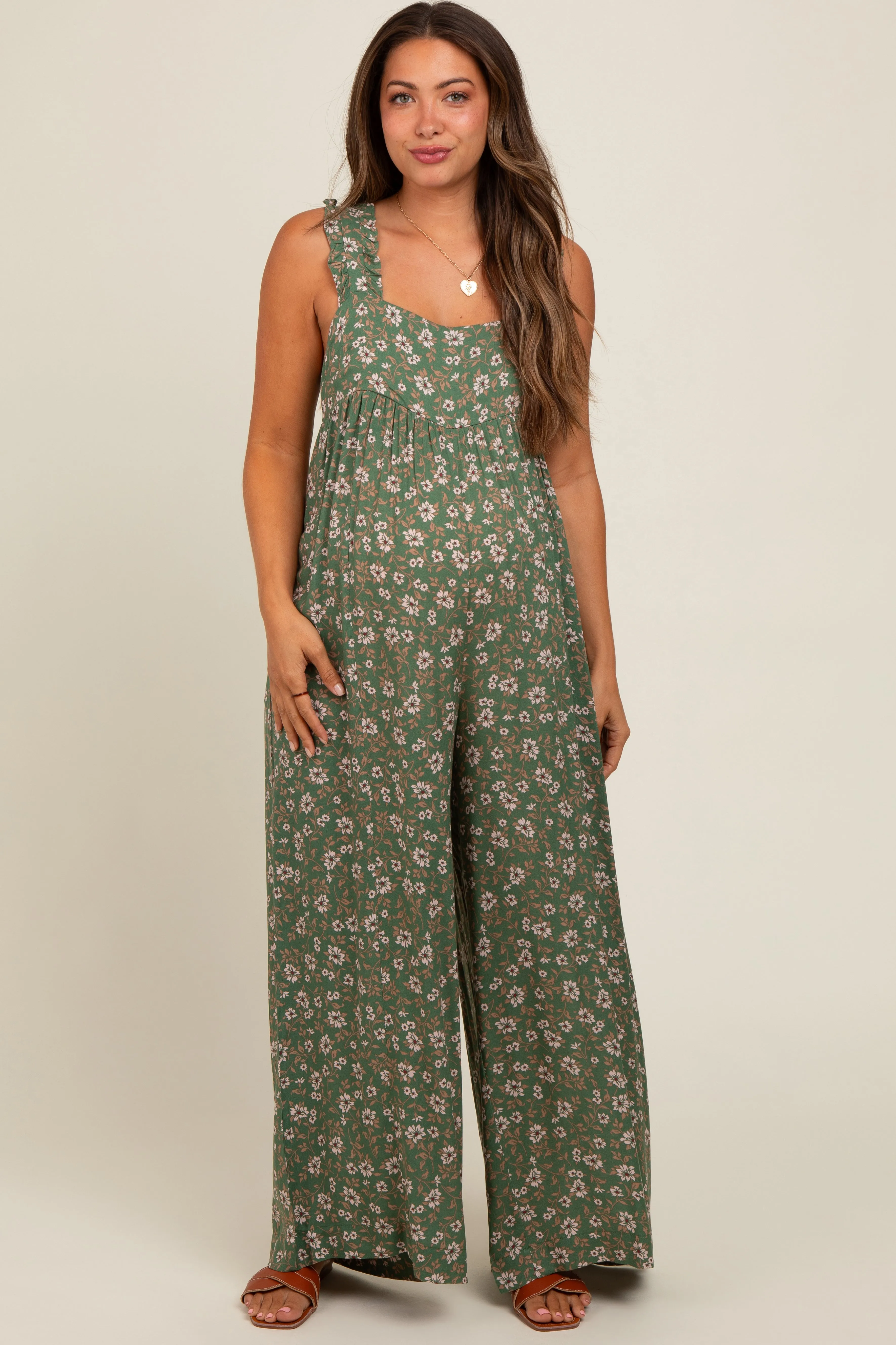 Olive Back Cutout Wide Leg Maternity Jumpsuit sold by Pinkblush