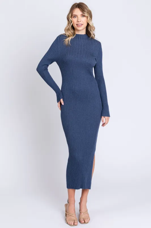 Navy Ribbed Mock Neck Side Slit Midi Dress sold by Pinkblush