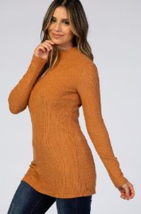 Rust Ribbed Long Sleeve Mock Neck Top sold by Pinkblush