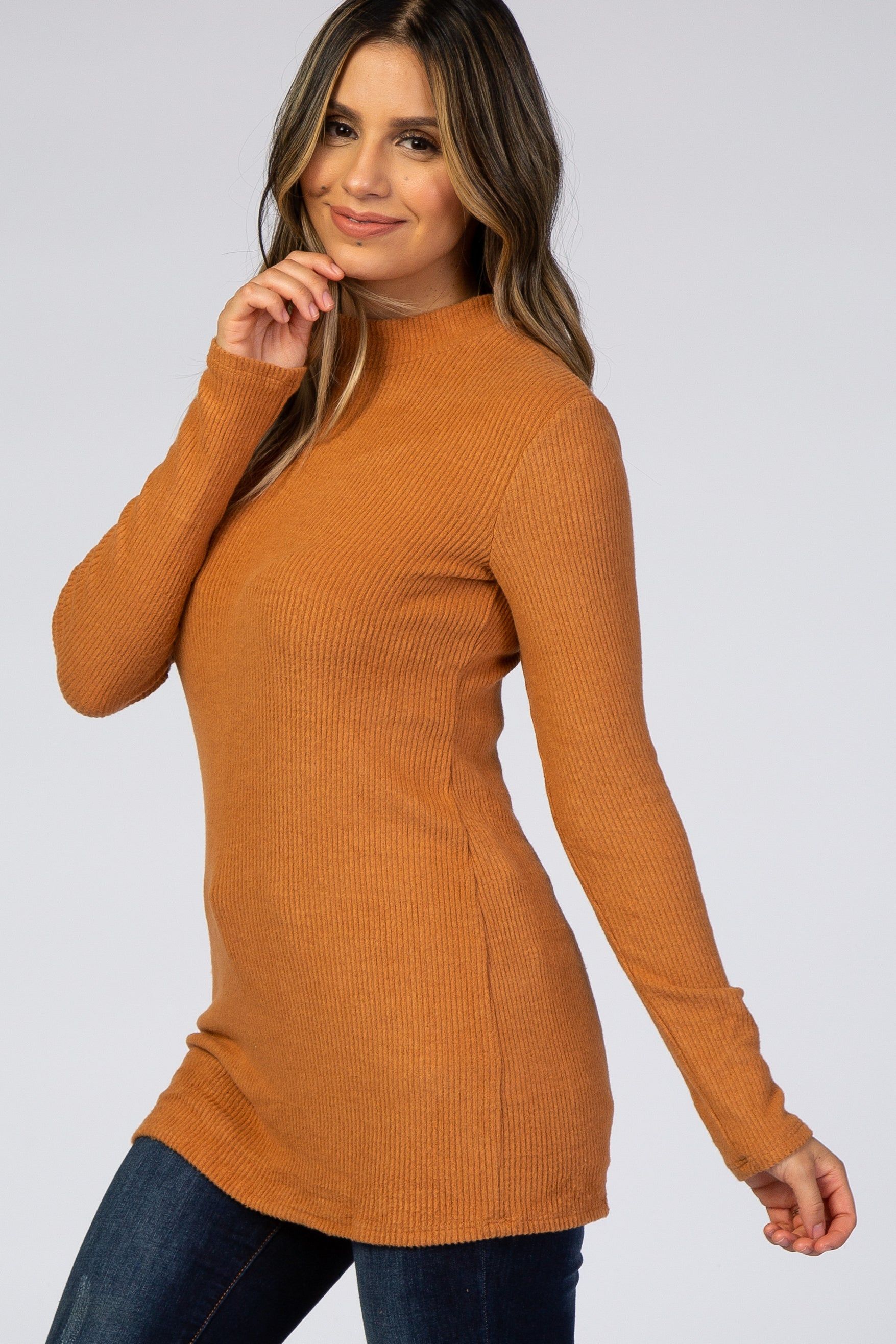 Rust Ribbed Long Sleeve Mock Neck Top sold by Pinkblush product image thumbnail 2
