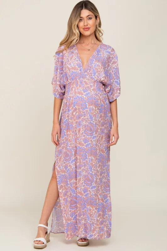Multi-Color Floral V-Neck Smocked Waist Maternity Maxi Dress sold by Pinkblush