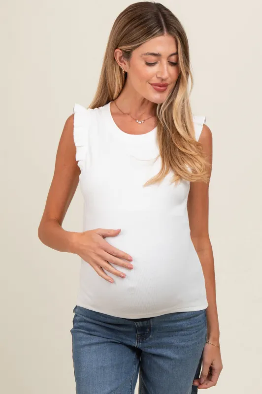 Ivory Ribbed Ruffle Shoulder Maternity Tank Top sold by Pinkblush