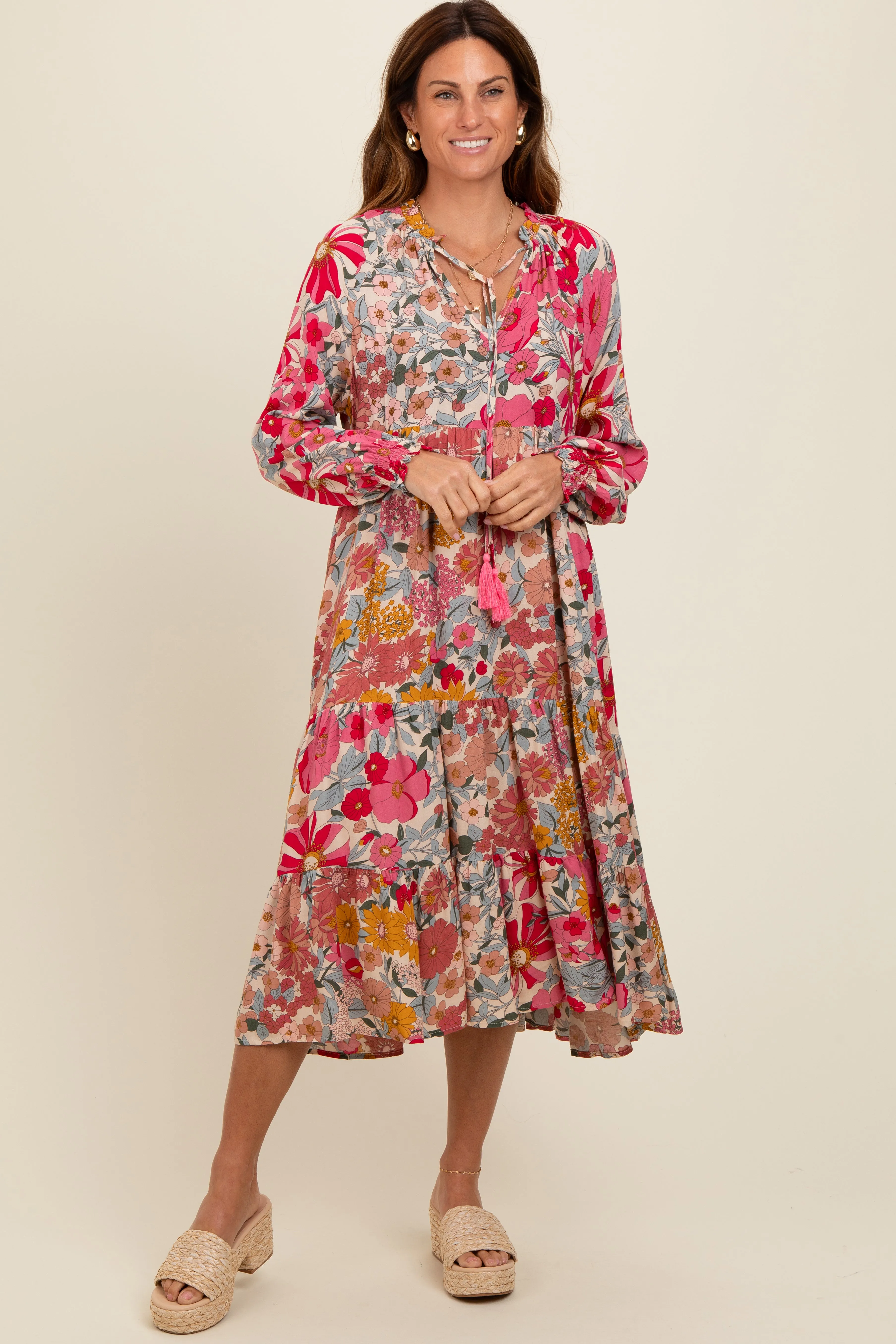 Pink Floral Tassel Tie Tiered Maternity Midi Dress sold by Pinkblush product image thumbnail 4