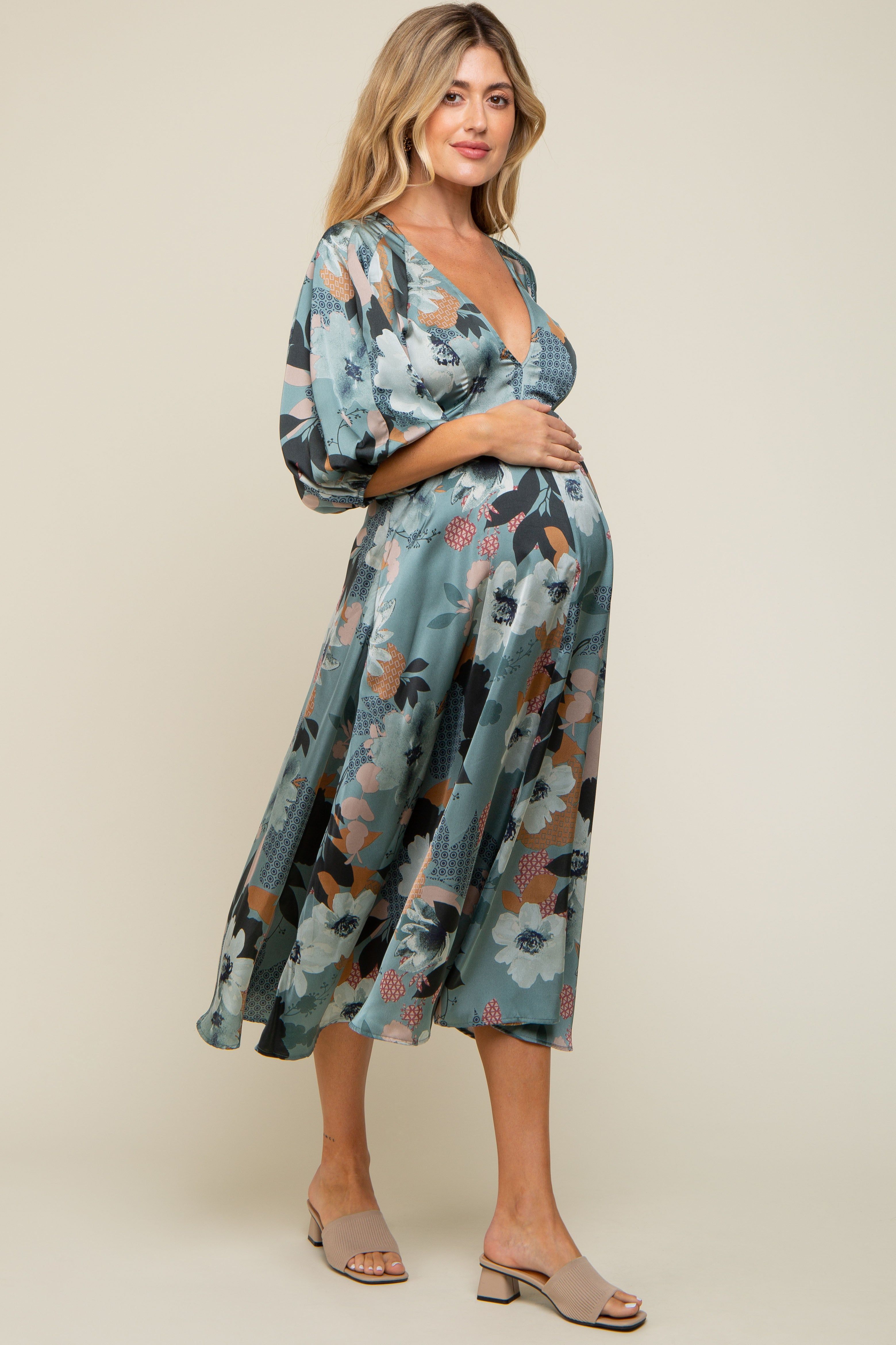 Light Teal Floral Satin Puff Sleeve Maternity Midi Dress sold by Pinkblush product image thumbnail 3