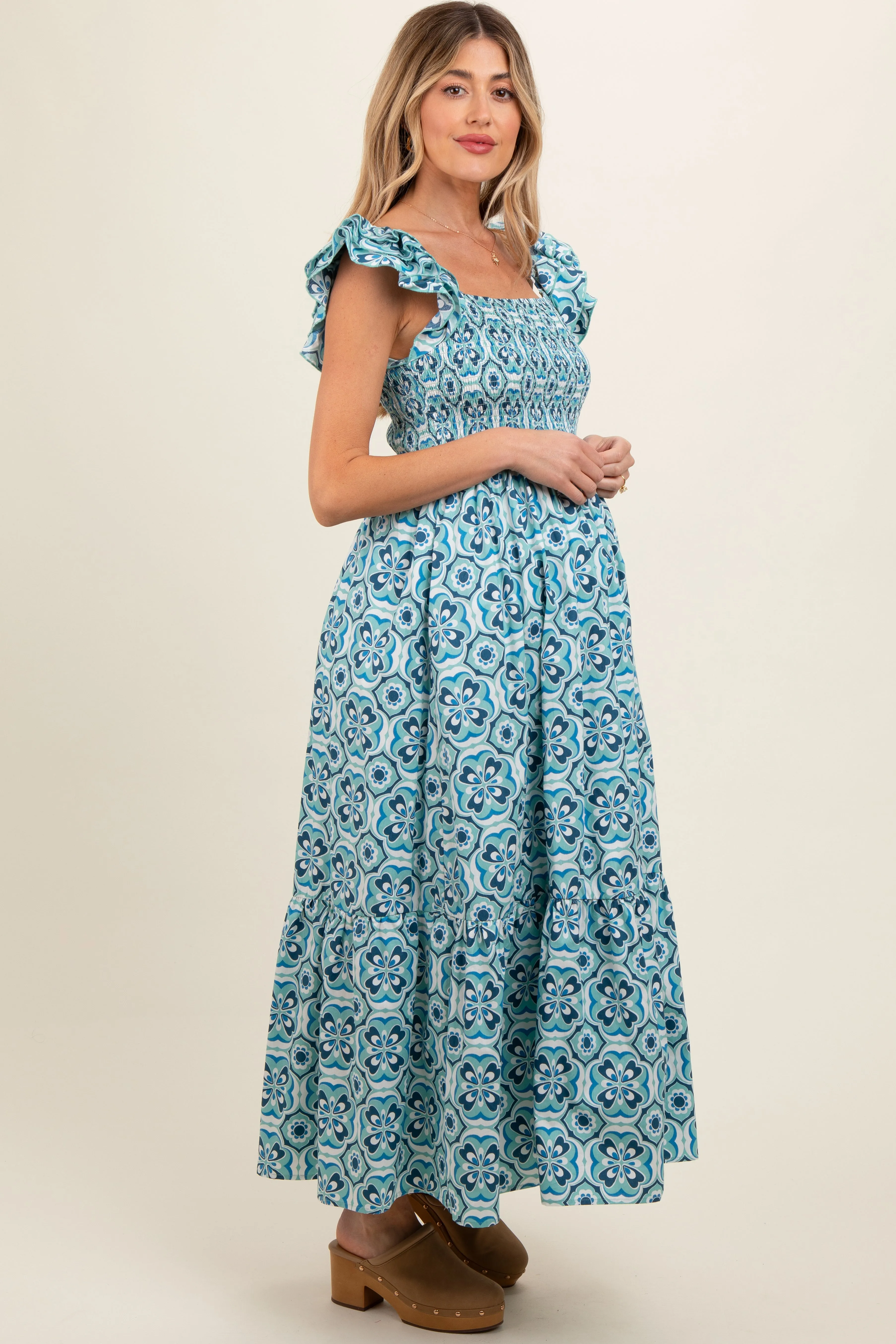 Blue Floral Smocked Flutter Cap Sleeve Maternity Maxi Dress sold by Pinkblush product image thumbnail 3