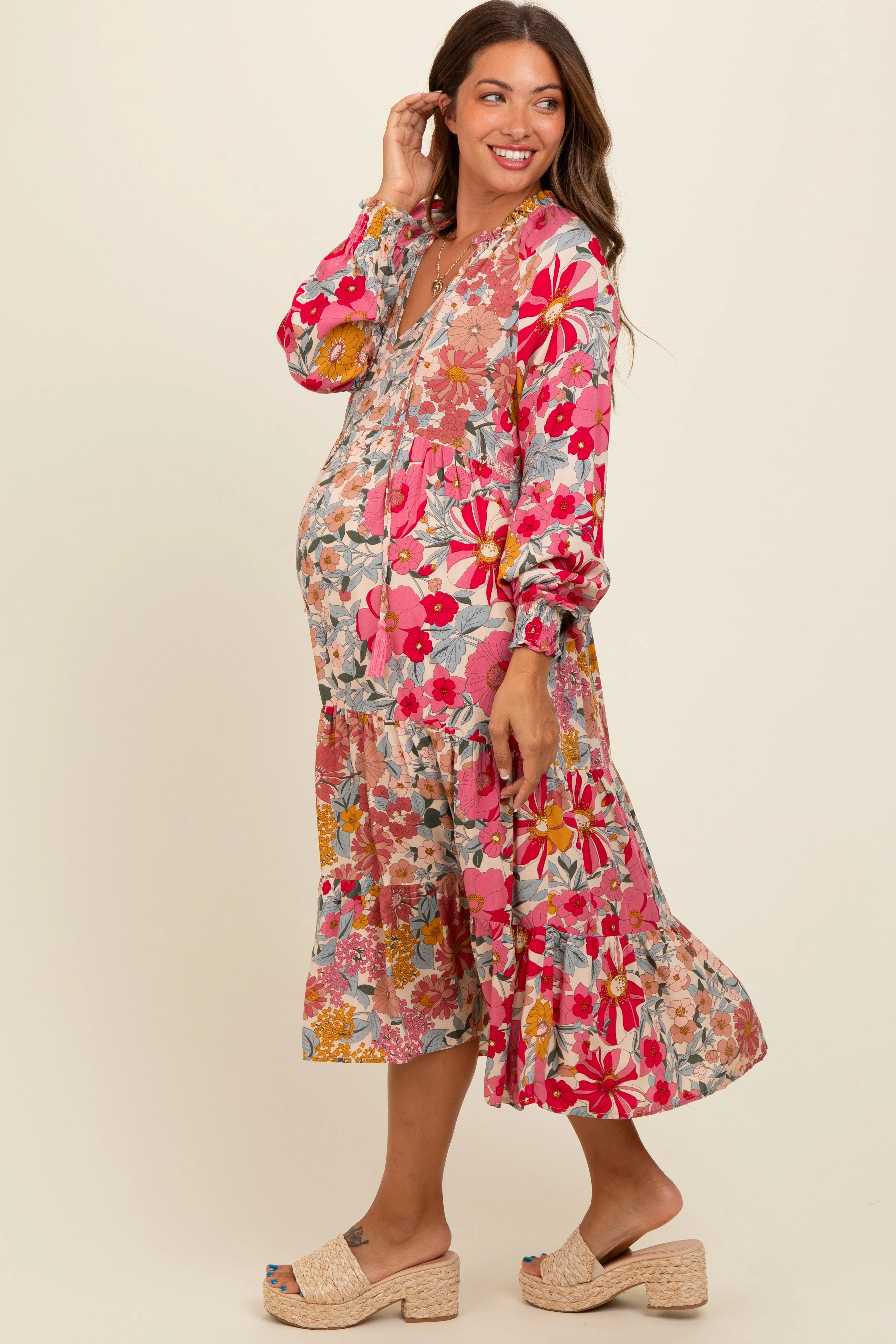 Pink Floral Tassel Tie Tiered Maternity Midi Dress sold by Pinkblush product image thumbnail 2