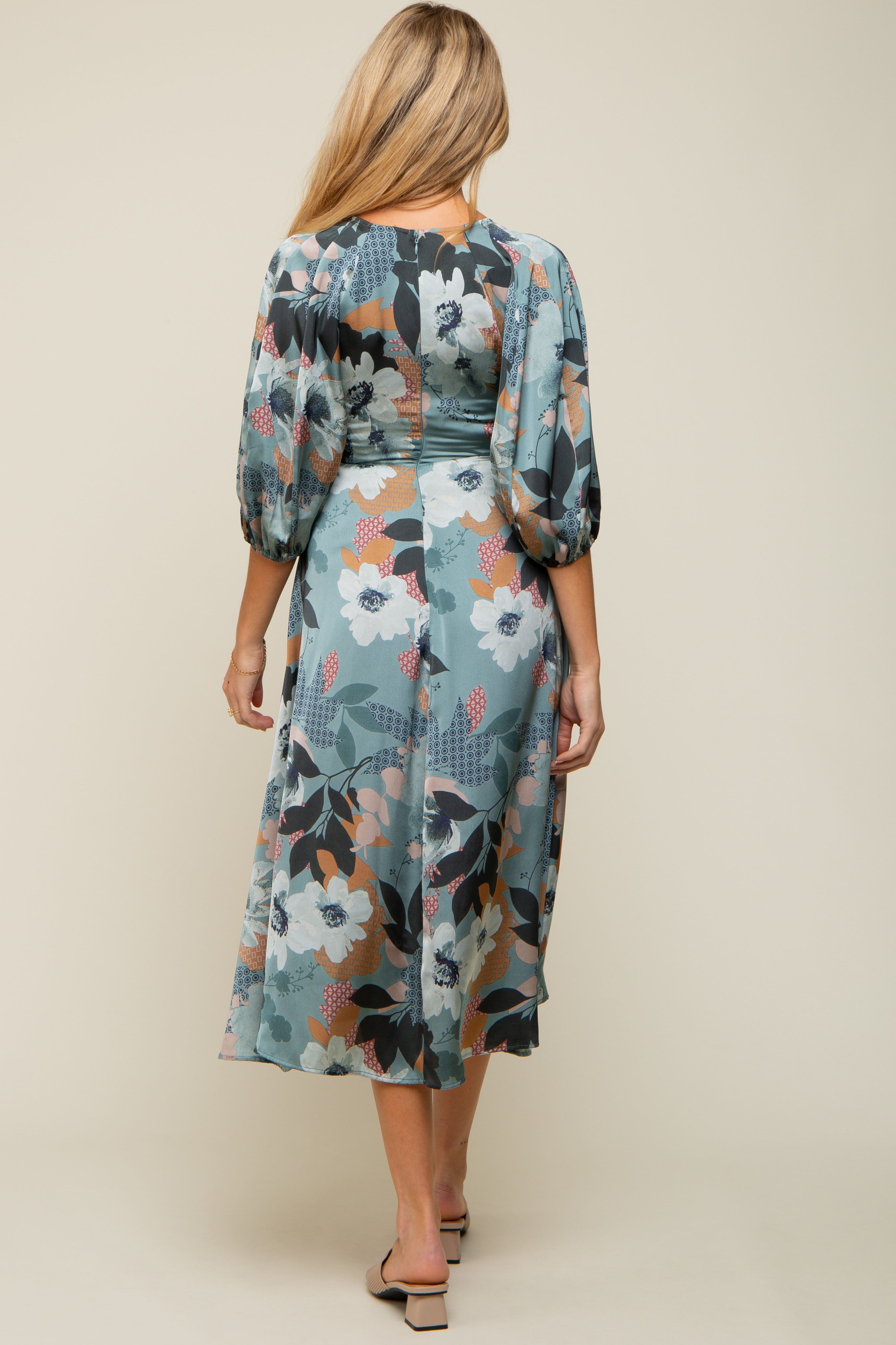 Light Teal Floral Satin Puff Sleeve Maternity Midi Dress sold by Pinkblush product image thumbnail 4