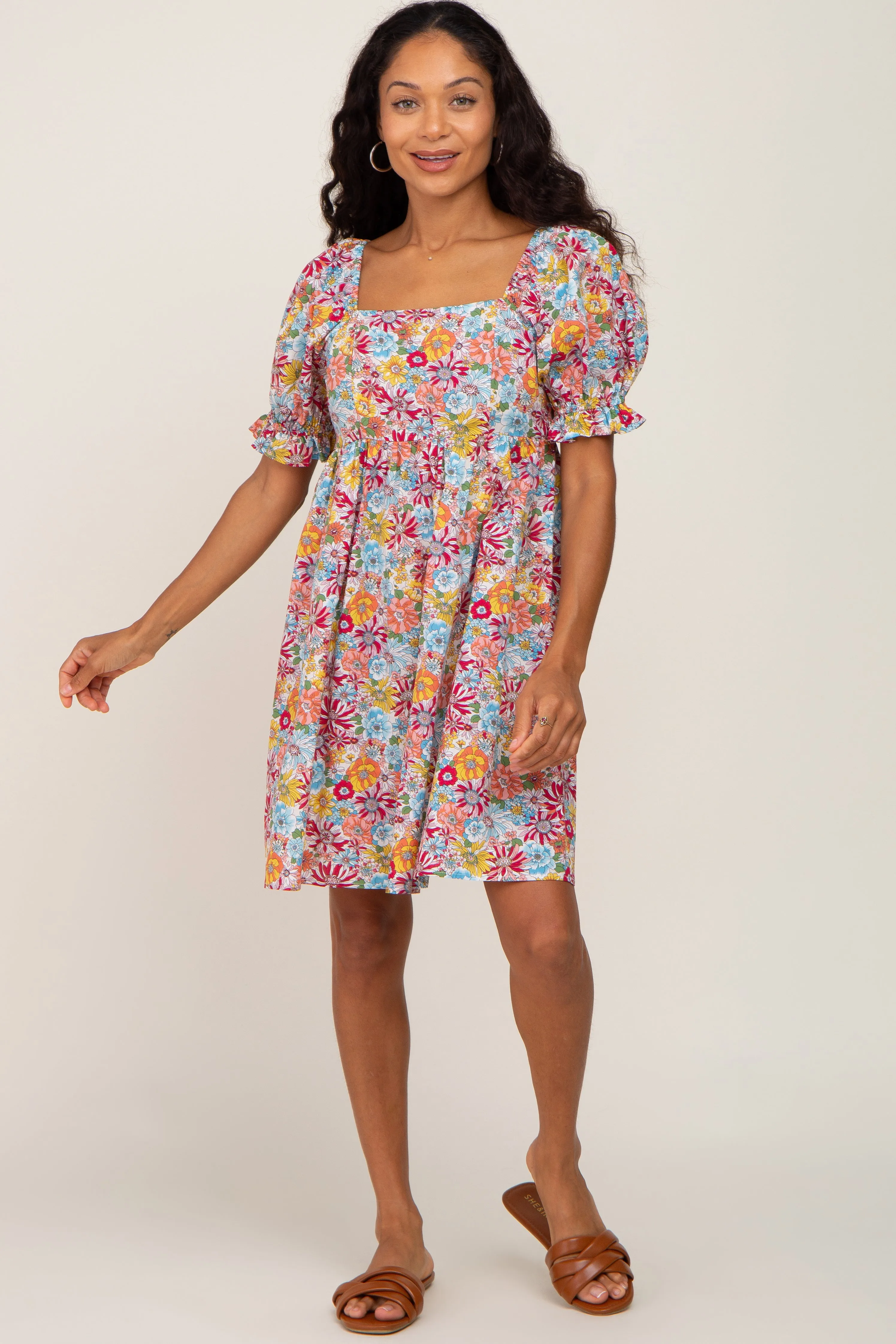 Mauve Floral Square Neck Short Puff Sleeve Dress sold by Pinkblush product image thumbnail 4