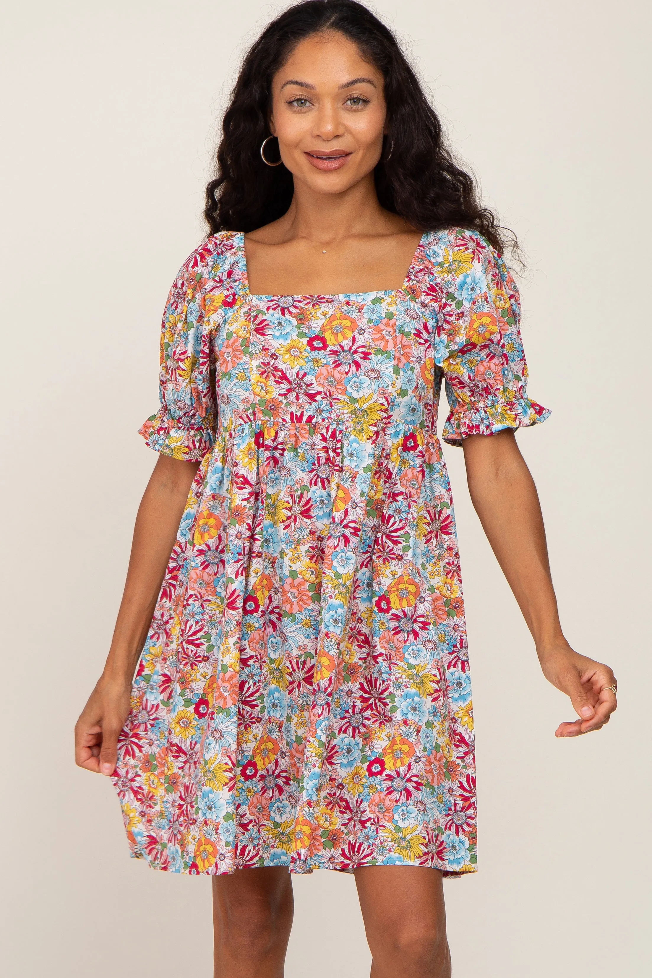 Mauve Floral Square Neck Short Puff Sleeve Dress sold by Pinkblush