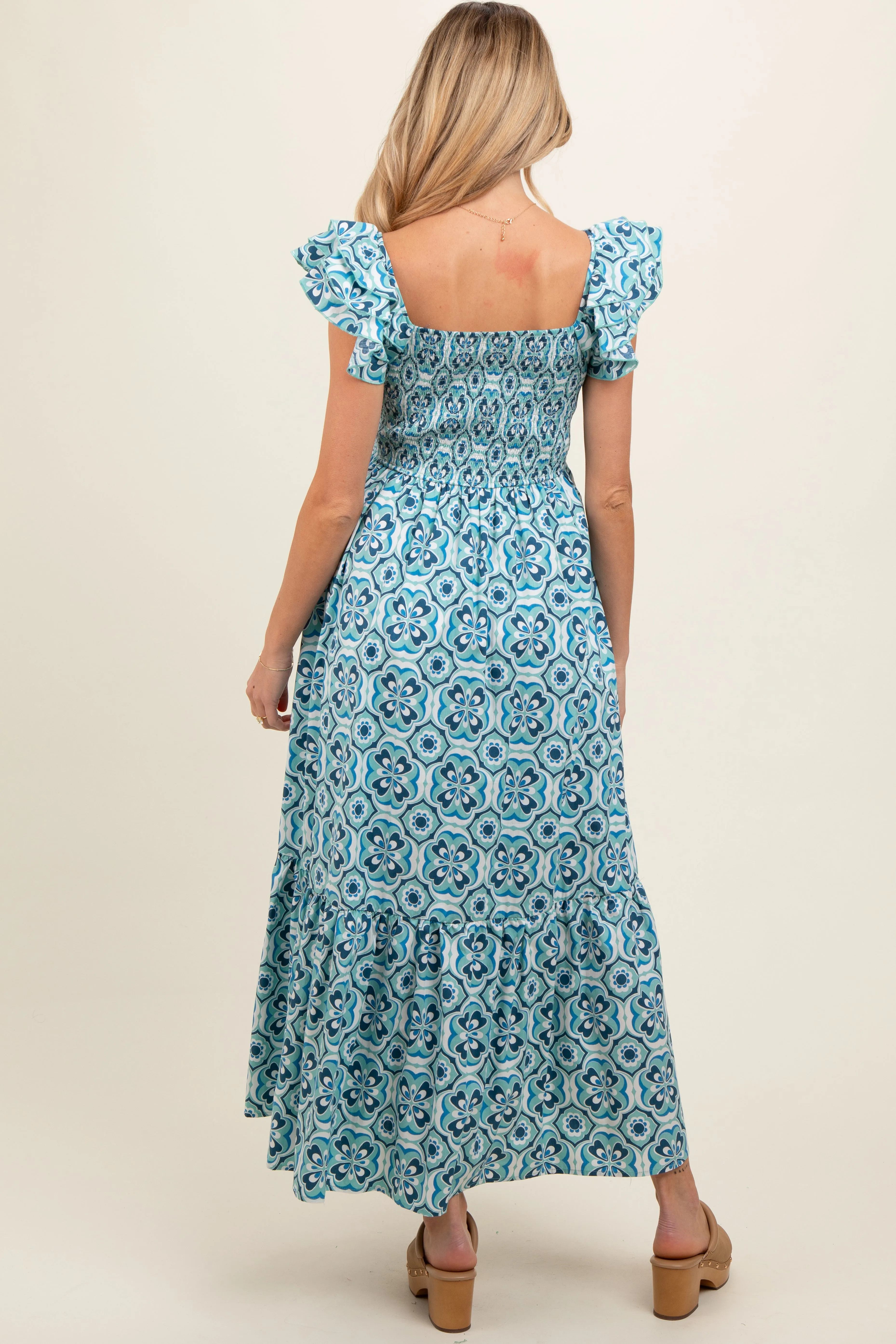 Blue Floral Smocked Flutter Cap Sleeve Maternity Maxi Dress sold by Pinkblush product image thumbnail 4