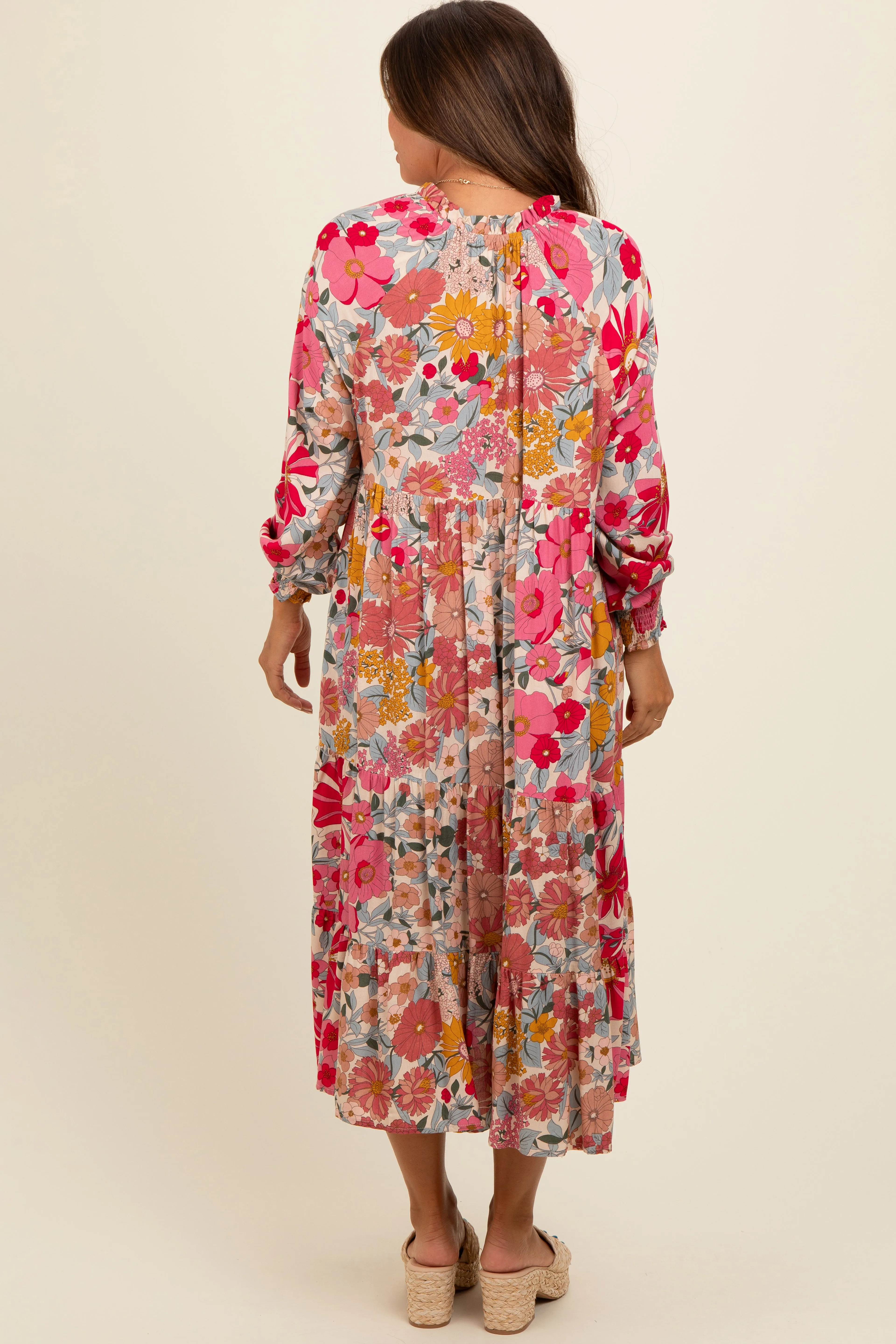 Pink Floral Tassel Tie Tiered Maternity Midi Dress sold by Pinkblush product image thumbnail 3