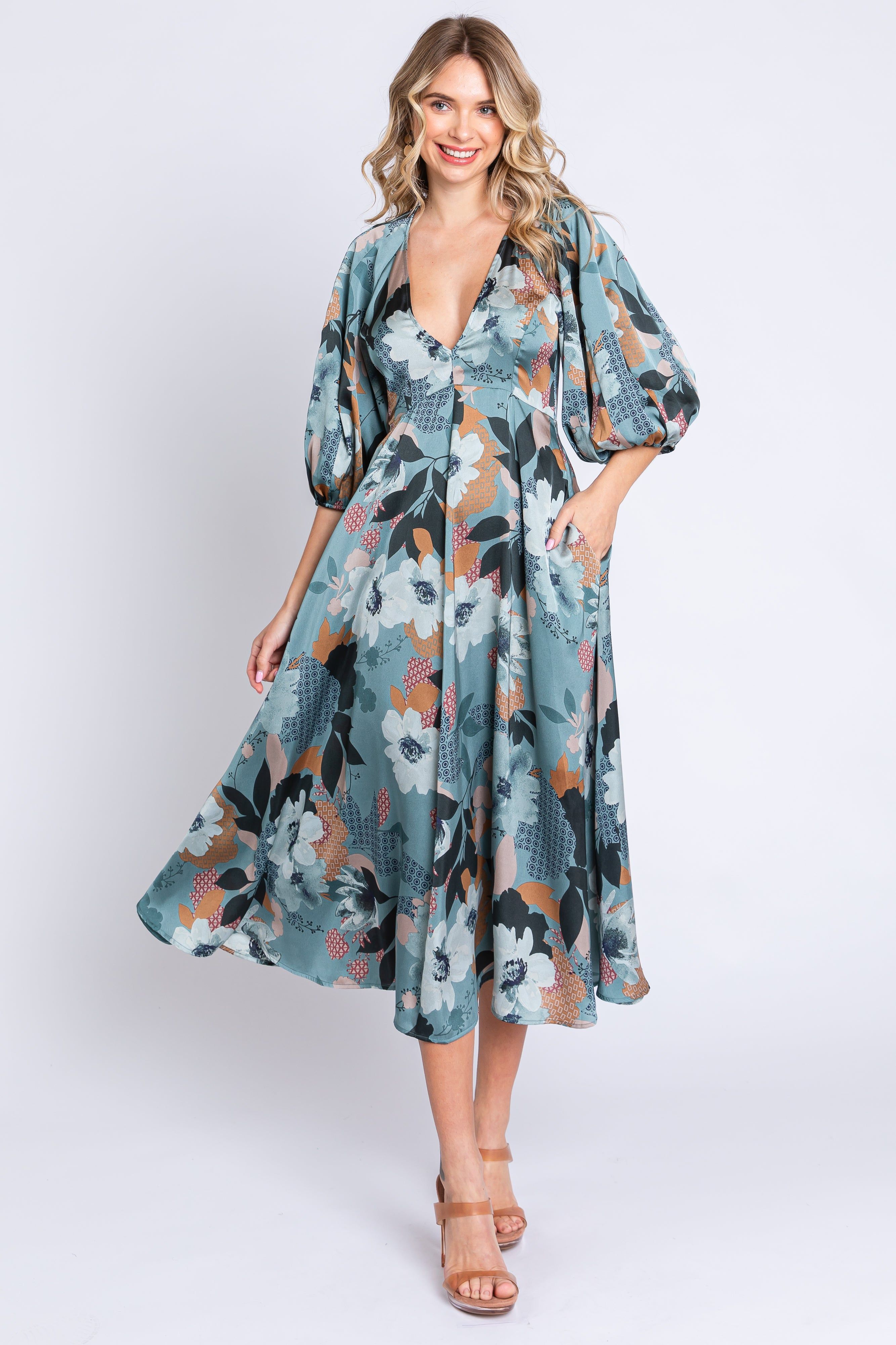 Light Teal Floral Satin Puff Sleeve Maternity Midi Dress sold by Pinkblush product image thumbnail 5