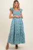 Blue Floral Smocked Flutter Cap Sleeve Maternity Maxi Dress sold by Pinkblush