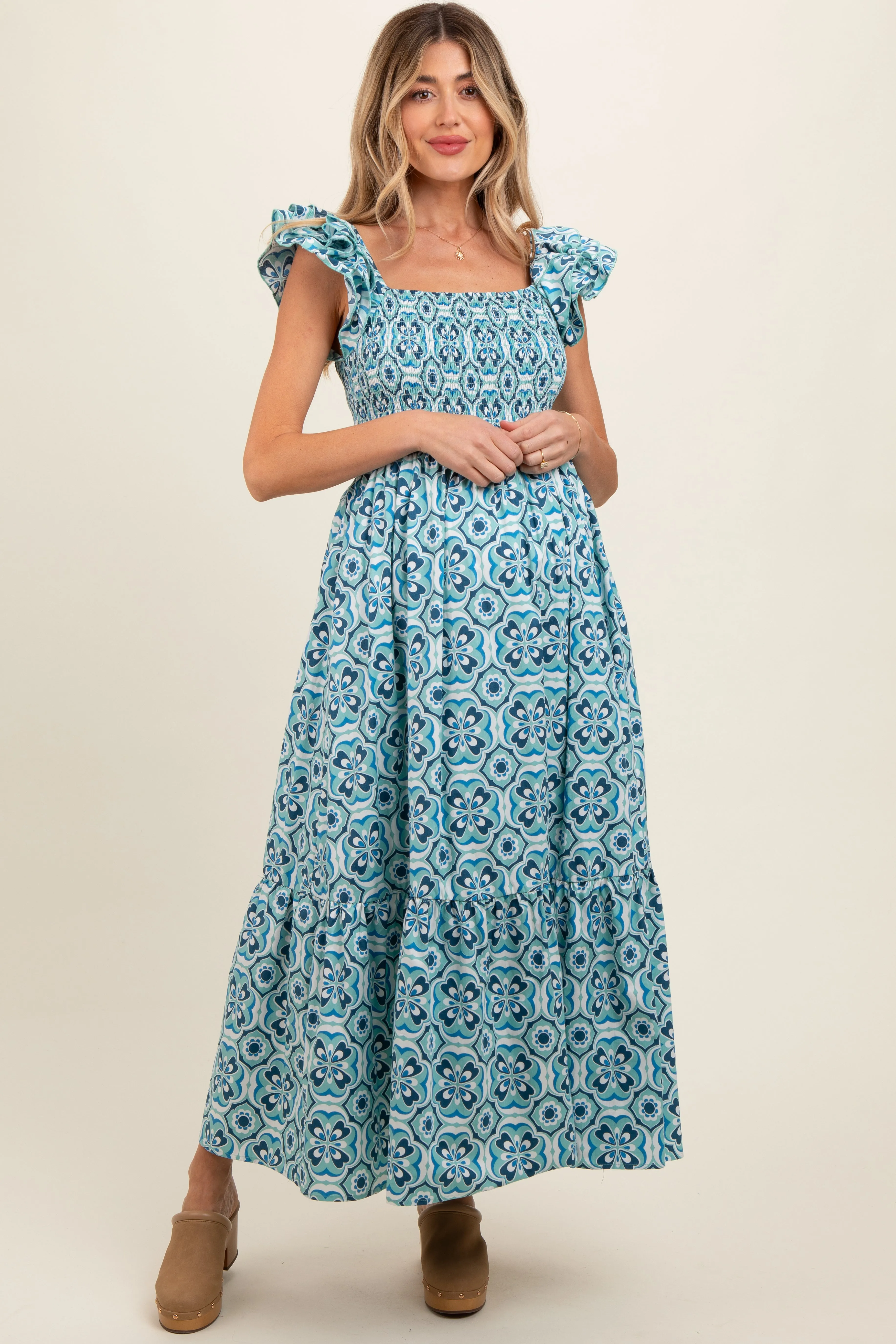 Blue Floral Smocked Flutter Cap Sleeve Maternity Maxi Dress sold by Pinkblush product image thumbnail 2