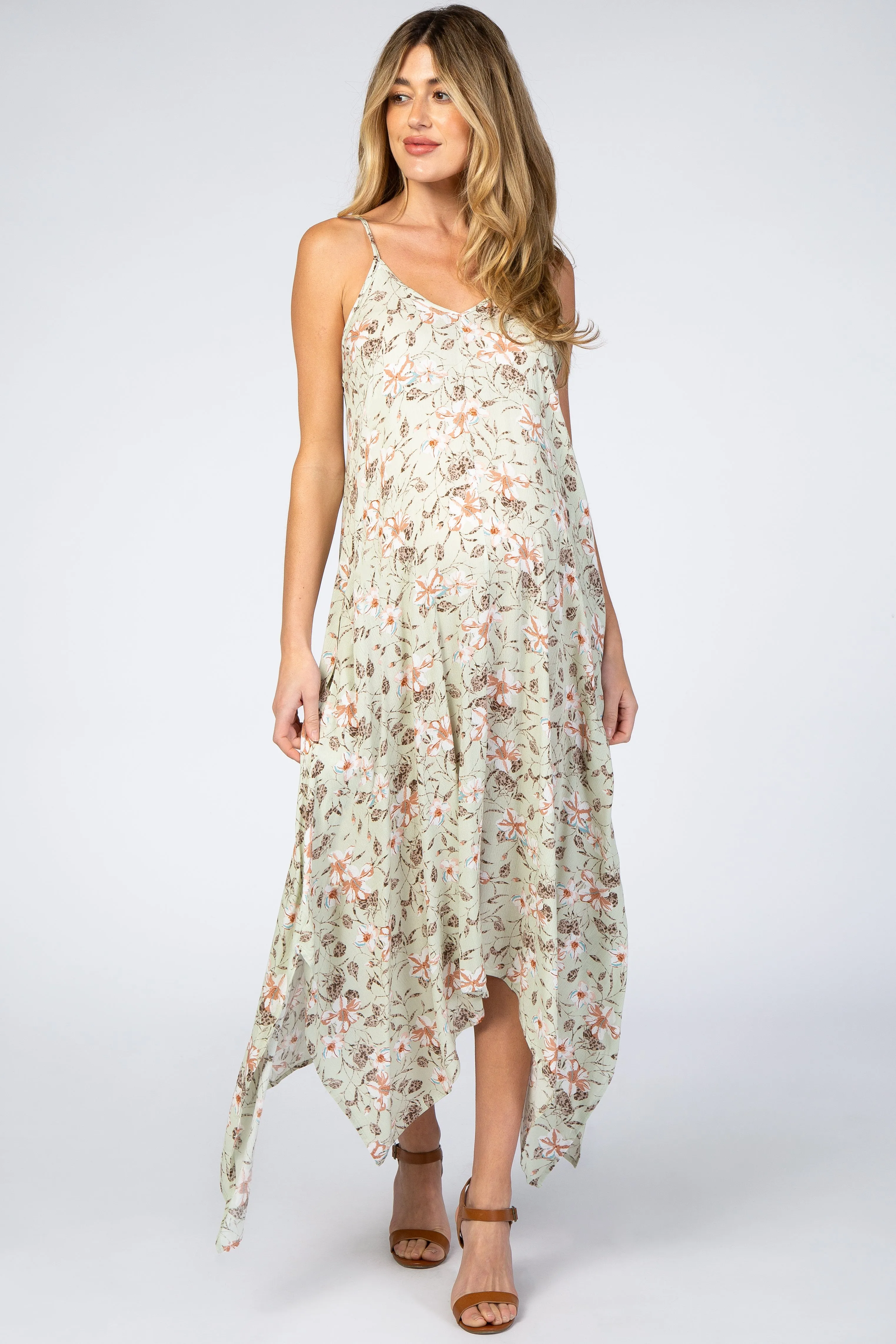 Light Mint Floral Asymmetrical Hem Maternity Dress sold by Pinkblush