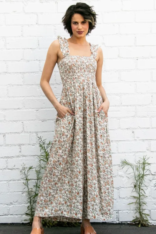Beige Sleeveless Floral Smocked Ruffle Jumpsuit sold by Pinkblush