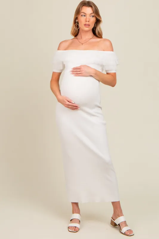 Ivory Tulle Ruffle Off Shoulder Sweater Maternity Midi Dress sold by Pinkblush