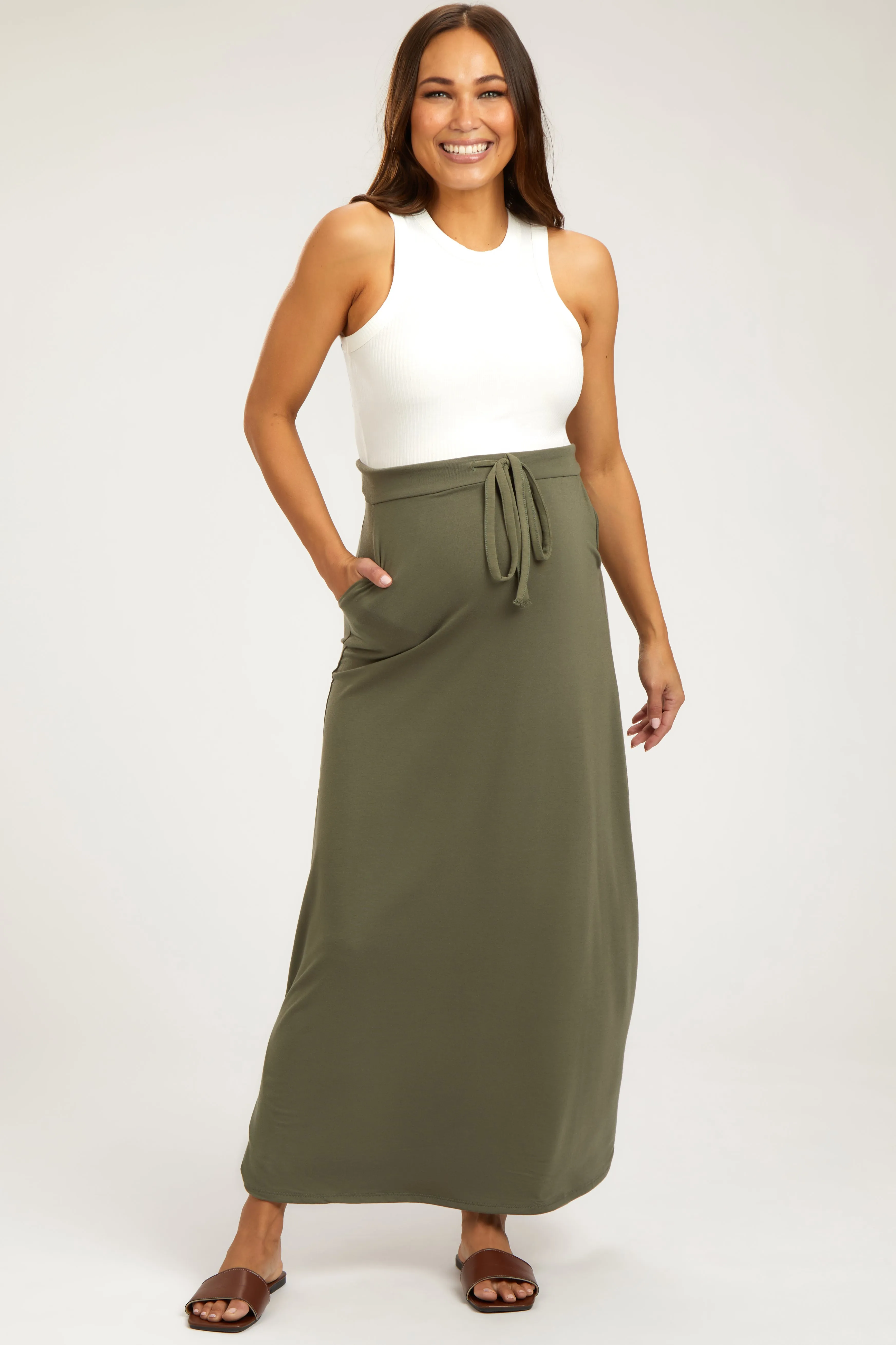 Light Olive Drawstring Maternity Maxi Skirt sold by Pinkblush