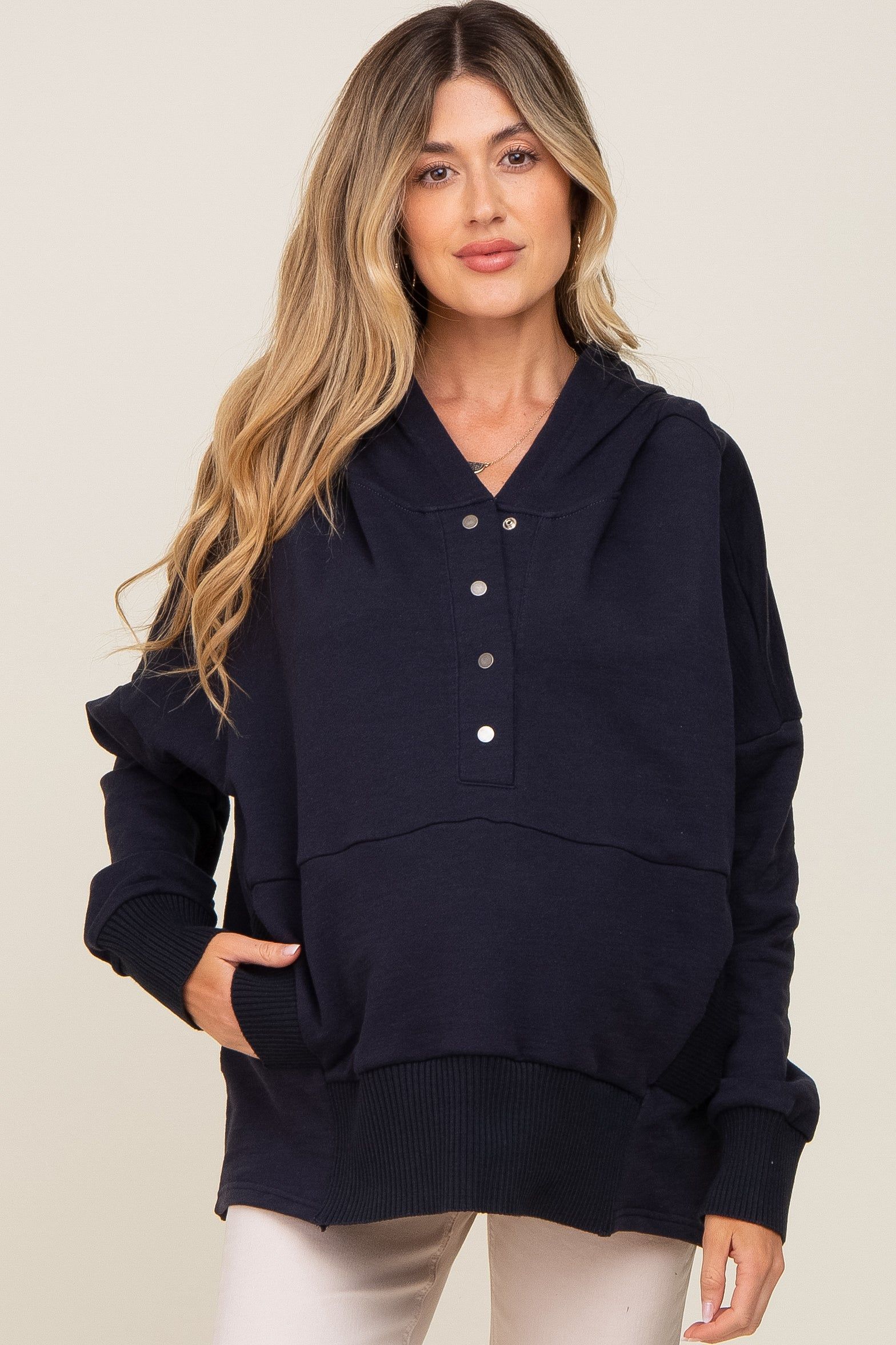 Navy Snap Front Button Maternity Hoodie sold by Pinkblush