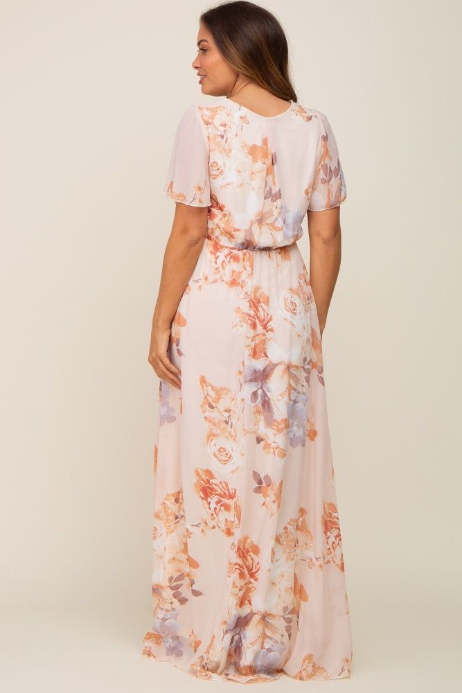 Peach Floral Chiffon V-Neck Front Slit Short Sleeve Maternity Dress sold by Pinkblush product image thumbnail 3