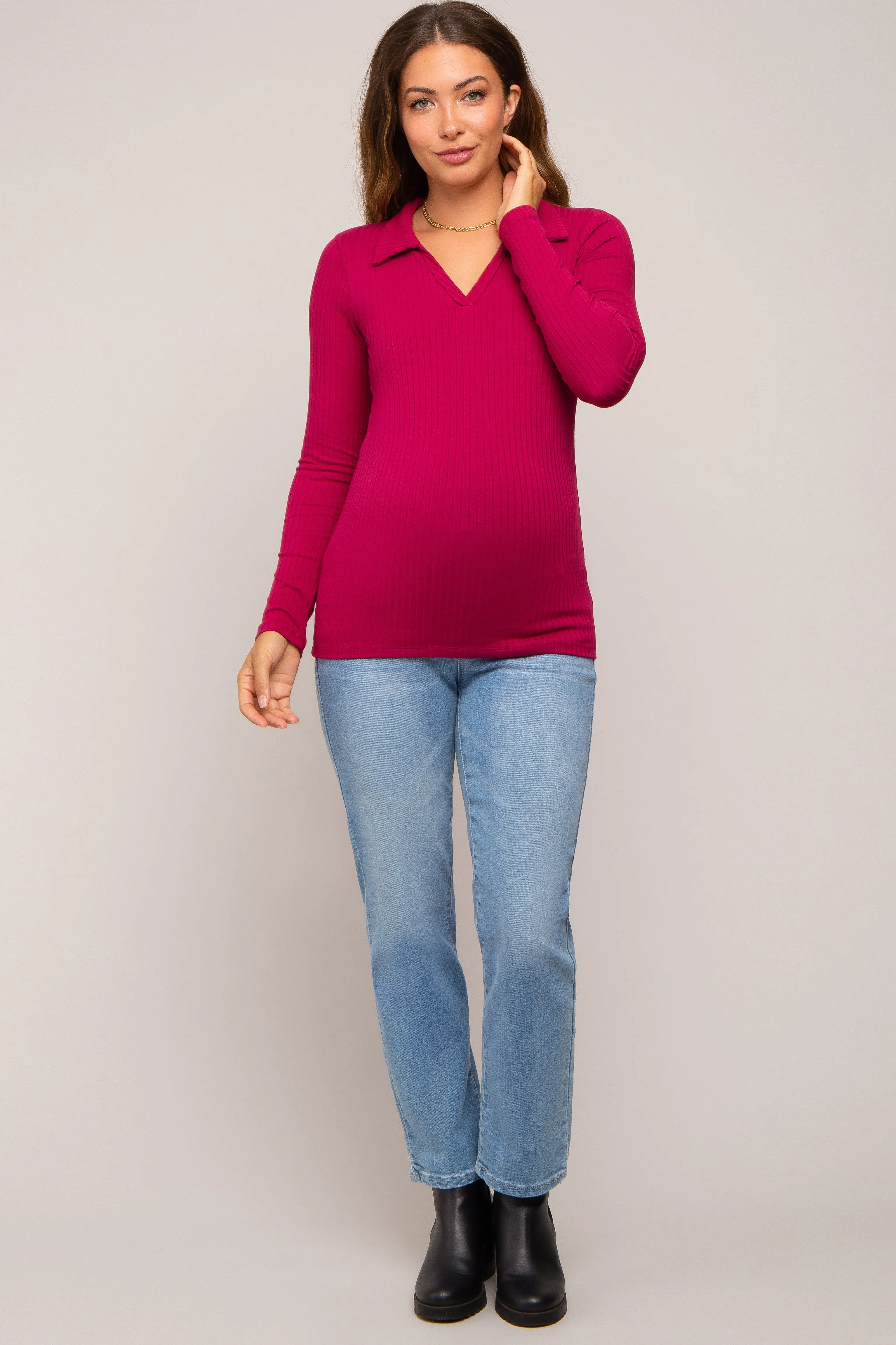 Magenta Ribbed Collared Long Sleeve Maternity Top sold by Pinkblush product image thumbnail 5