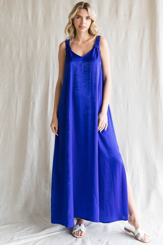 Royal Blue Satin Side Slit Maxi Dress sold by Pinkblush