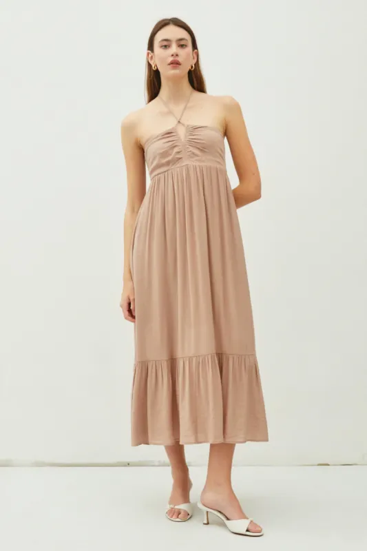 Taupe V-Front Halter Midi Dress sold by Pinkblush