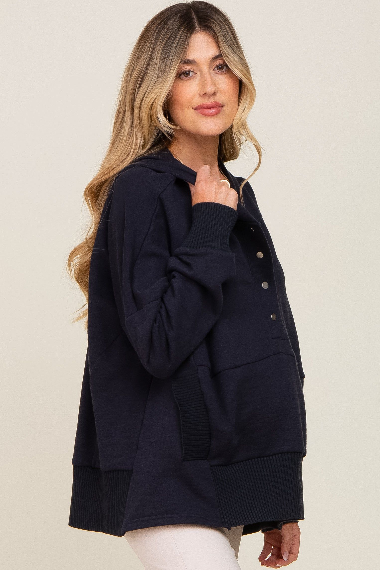 Navy Snap Front Button Maternity Hoodie sold by Pinkblush product image thumbnail 2