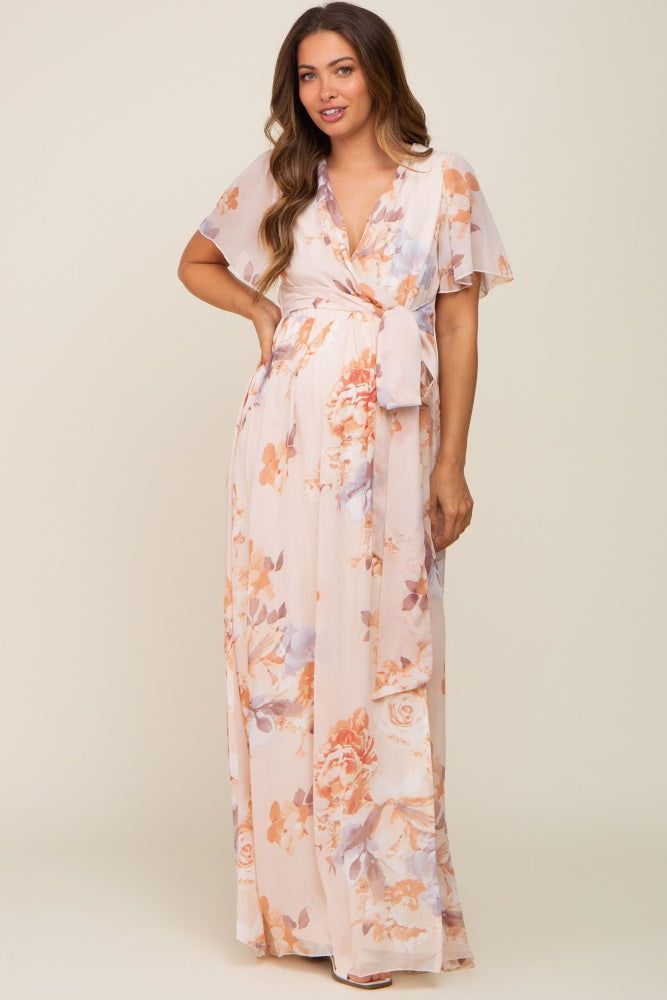 Peach Floral Chiffon V-Neck Front Slit Short Sleeve Maternity Dress sold by Pinkblush product image thumbnail 4