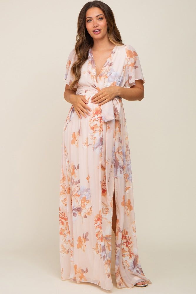 Peach Floral Chiffon V-Neck Front Slit Short Sleeve Maternity Dress sold by Pinkblush