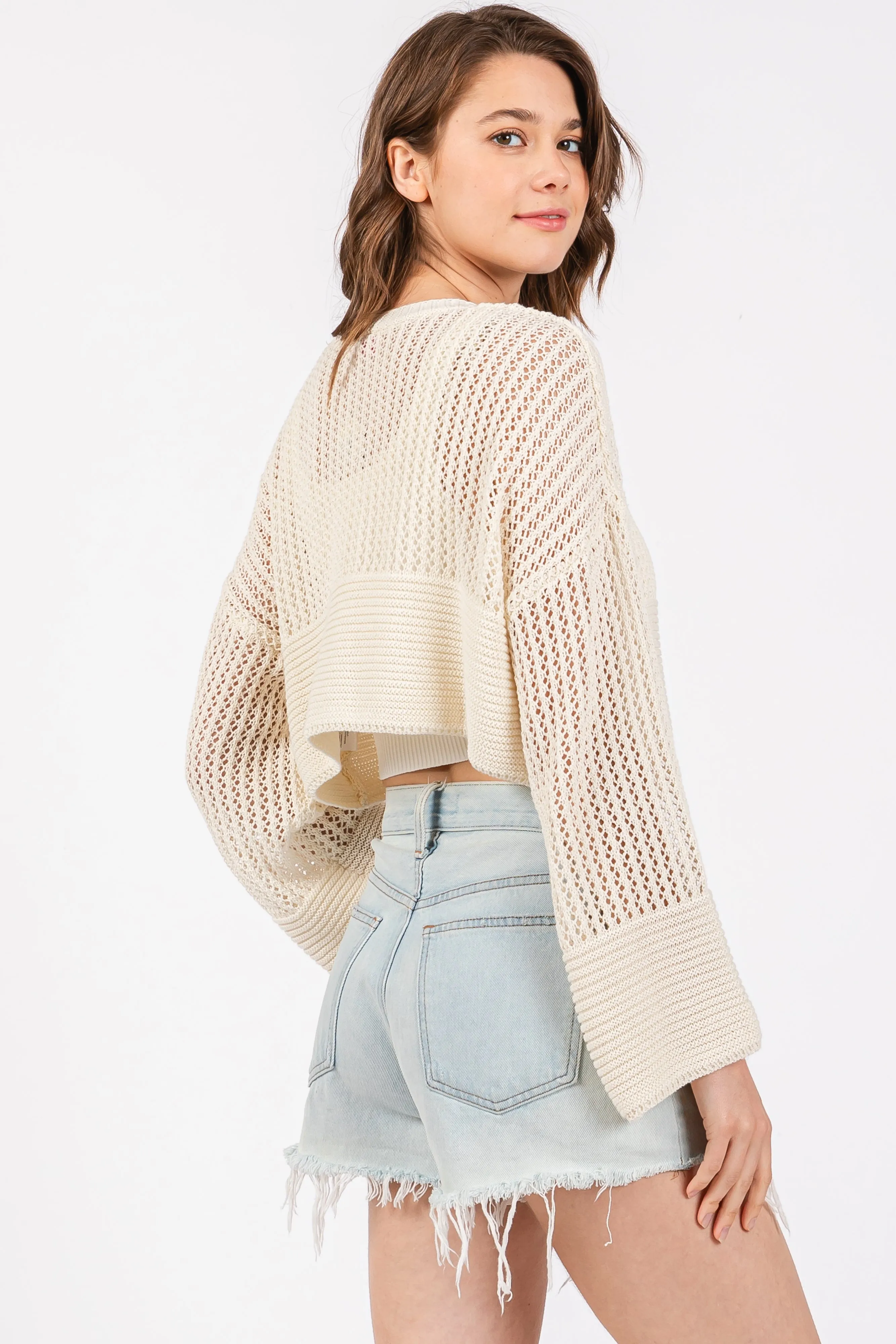 Ivory Open Knit Cropped Cardigan sold by Pinkblush product image thumbnail 4