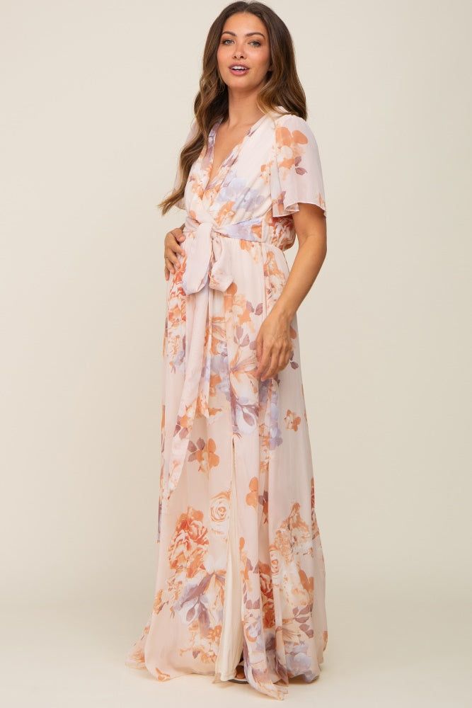 Peach Floral Chiffon V-Neck Front Slit Short Sleeve Maternity Dress sold by Pinkblush product image thumbnail 2
