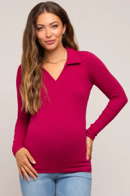 Magenta Ribbed Collared Long Sleeve Maternity Top sold by Pinkblush