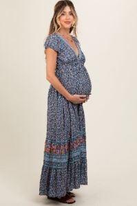 Navy Blue Border Print Ruffle Maternity Maxi Dress sold by Pinkblush