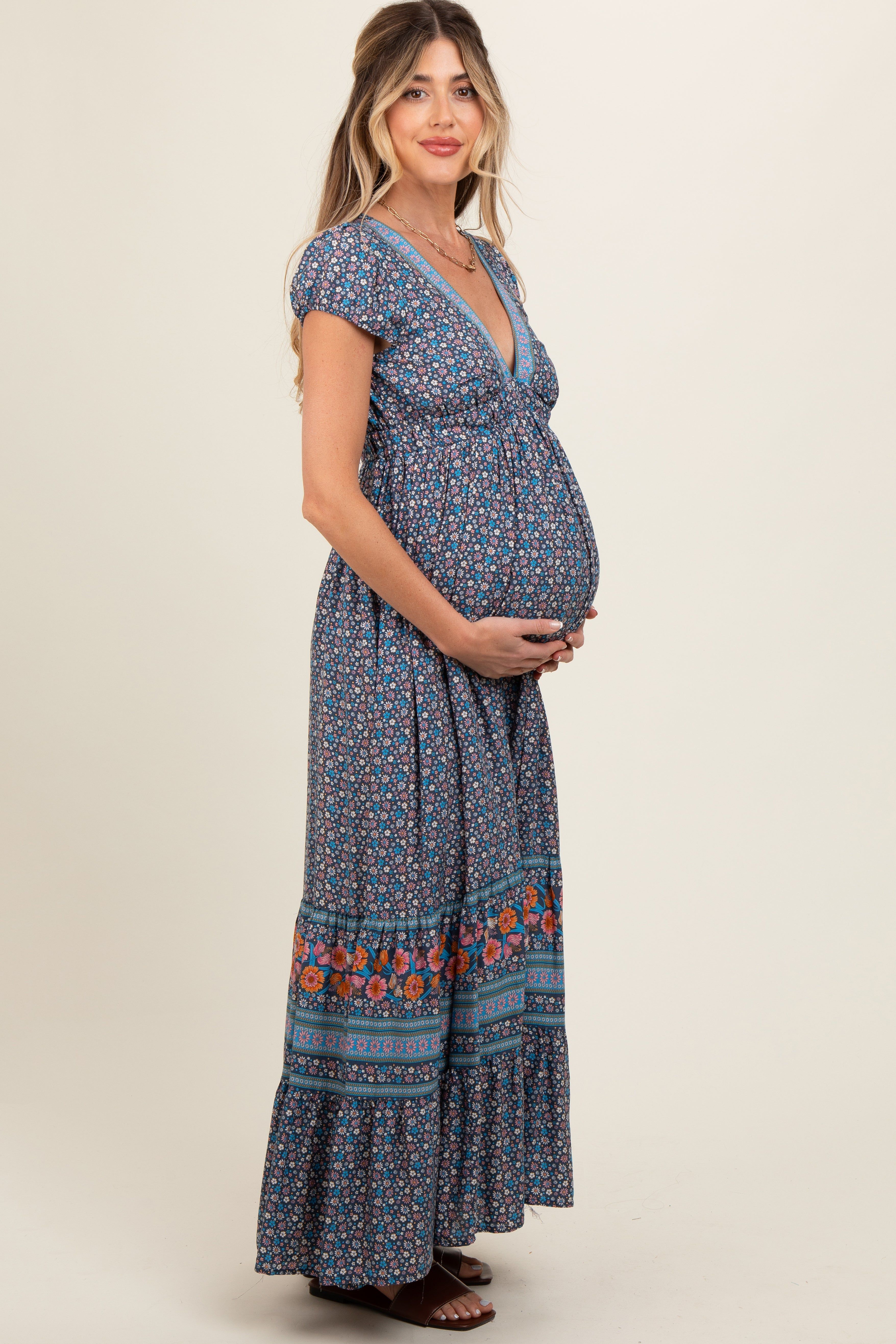 Navy Blue Border Print Ruffle Maternity Maxi Dress sold by Pinkblush product image thumbnail 4