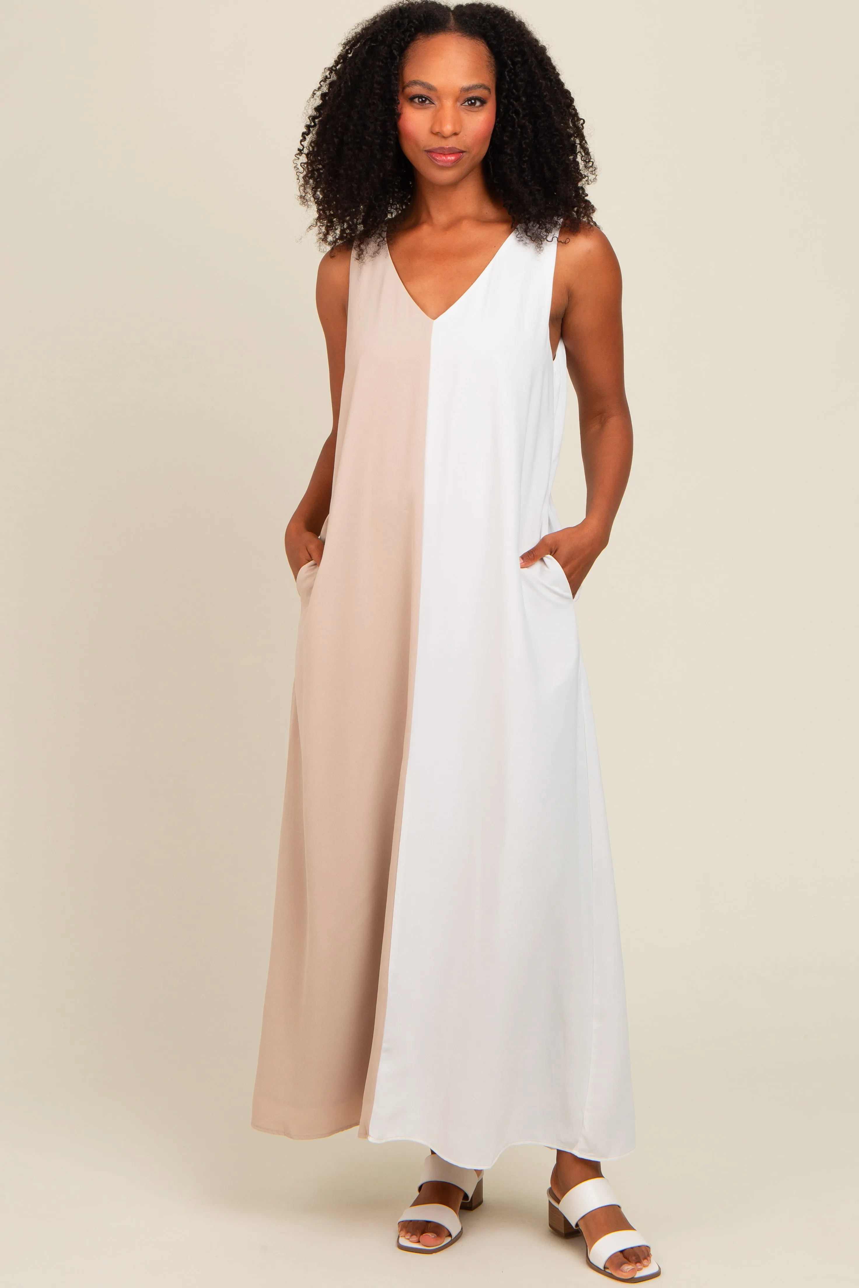 Beige Colorblock Maternity Midi Dress sold by Pinkblush product image thumbnail 4