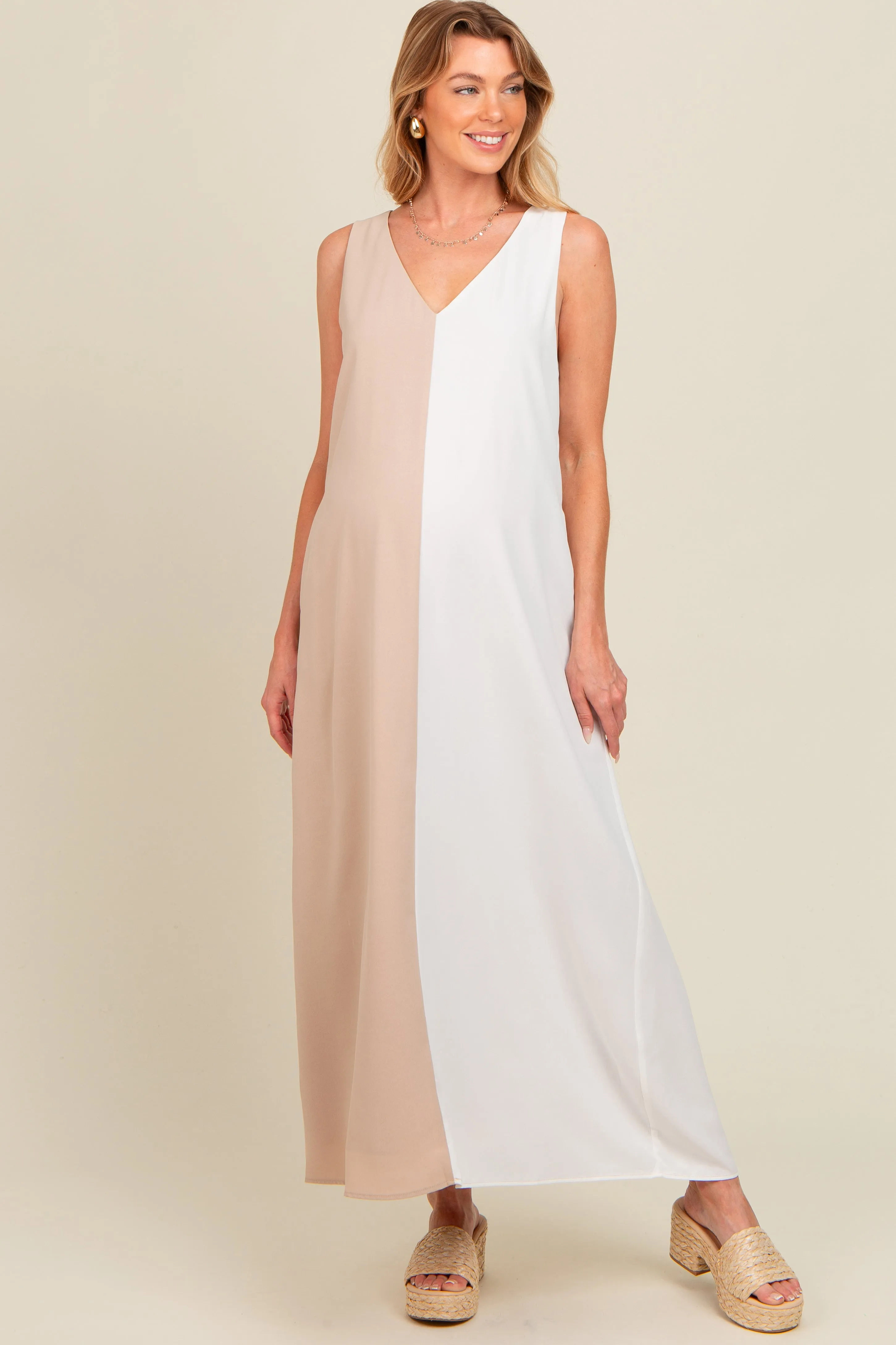 Beige Colorblock Maternity Midi Dress sold by Pinkblush
