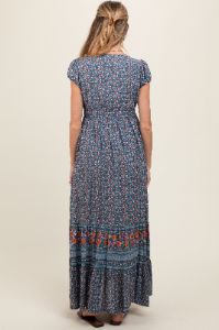 Navy Blue Border Print Ruffle Maternity Maxi Dress sold by Pinkblush