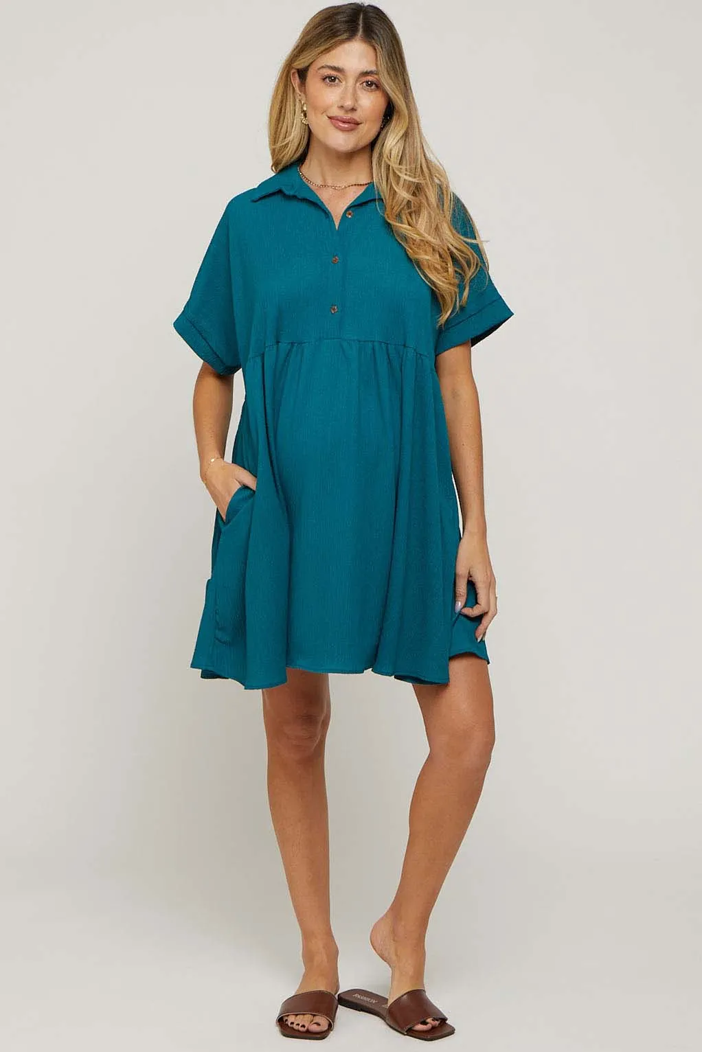 Teal Collared Button Front Short Sleeve Maternity Dress sold by Pinkblush product image thumbnail 4