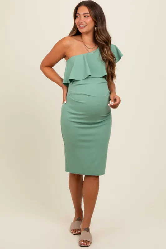 Light Olive Ruffle One-Shoulder Maternity Midi Dress sold by Pinkblush