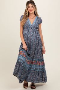 Navy Blue Border Print Ruffle Maternity Maxi Dress sold by Pinkblush