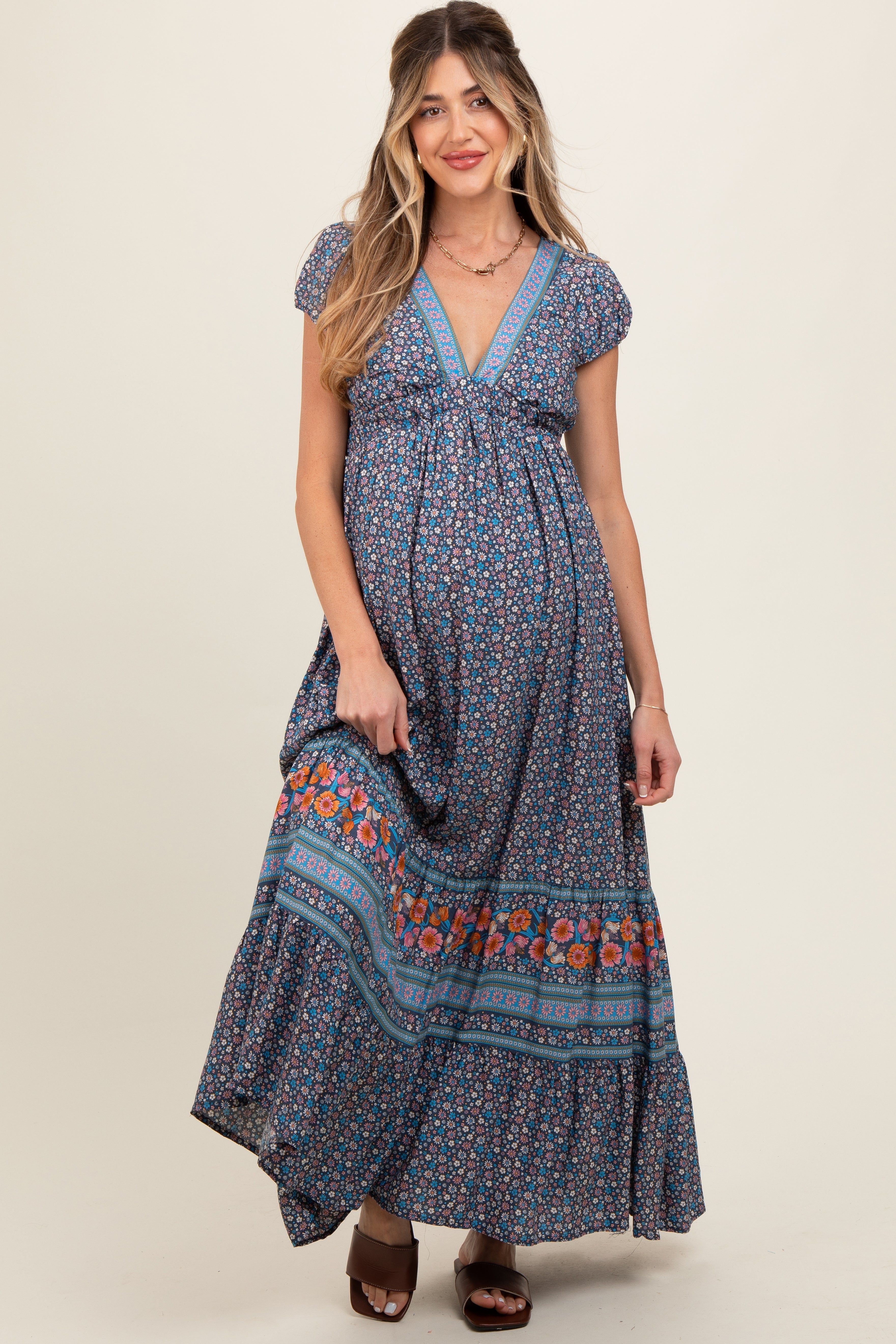 Navy Blue Border Print Ruffle Maternity Maxi Dress sold by Pinkblush product image thumbnail 2