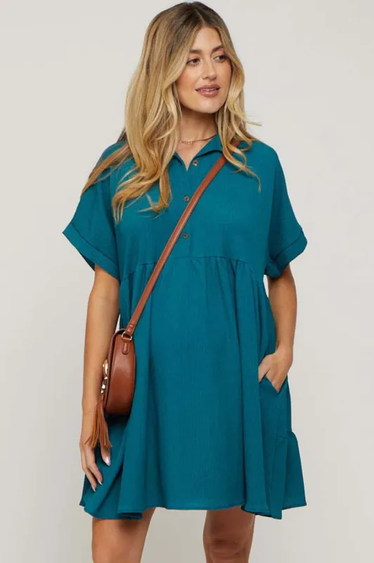 Teal Collared Button Front Short Sleeve Maternity Dress sold by Pinkblush