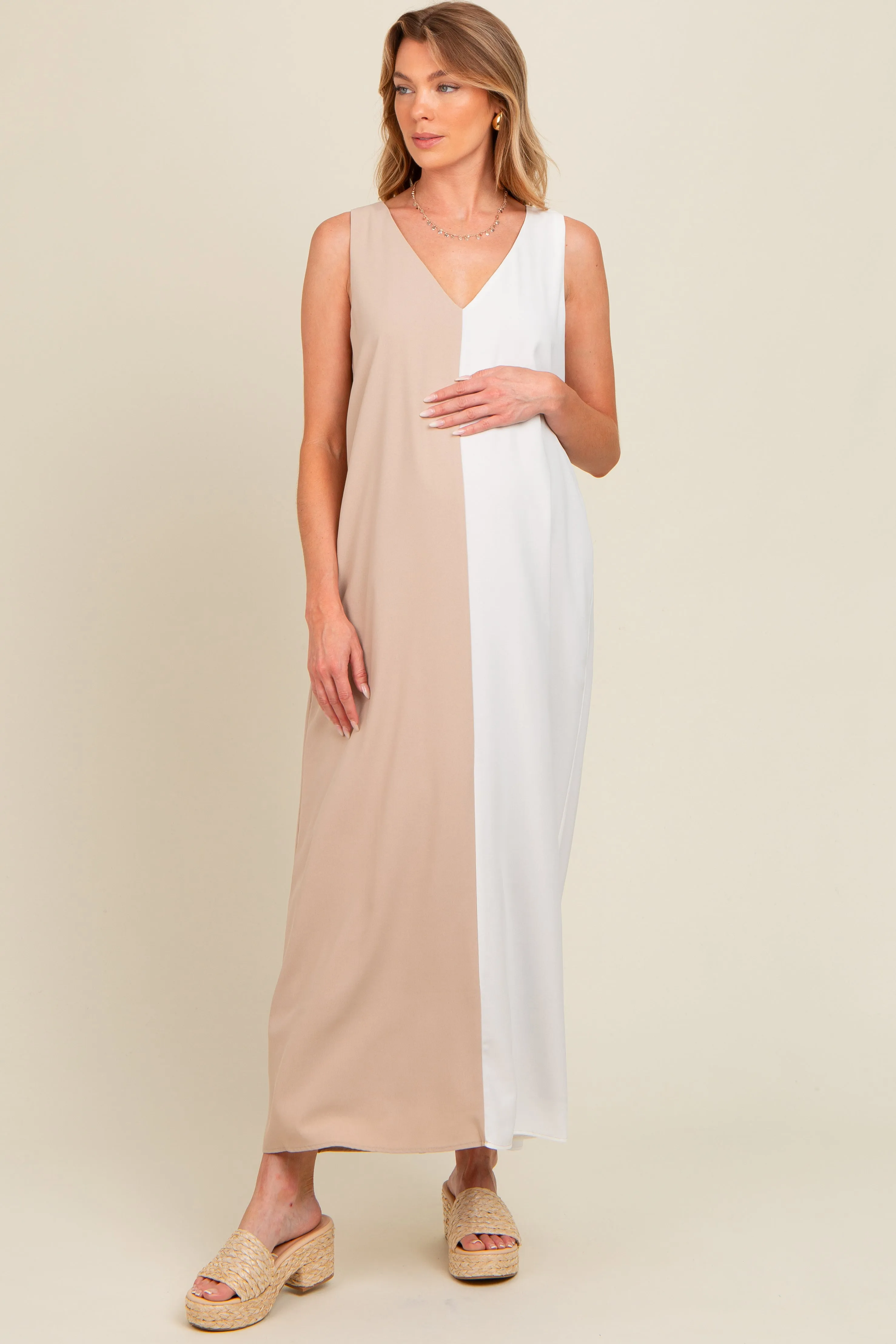 Beige Colorblock Maternity Midi Dress sold by Pinkblush product image thumbnail 2