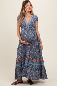 Navy Blue Border Print Ruffle Maternity Maxi Dress sold by Pinkblush