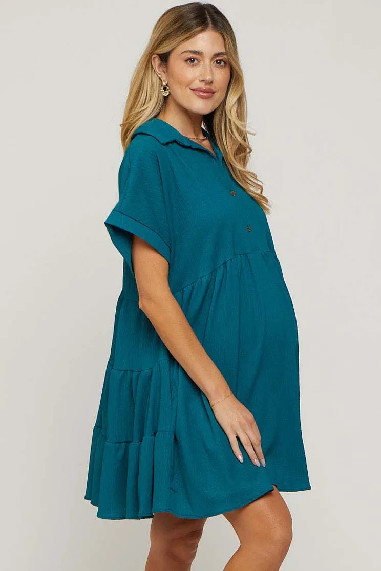Teal Collared Button Front Short Sleeve Maternity Dress sold by Pinkblush product image thumbnail 2